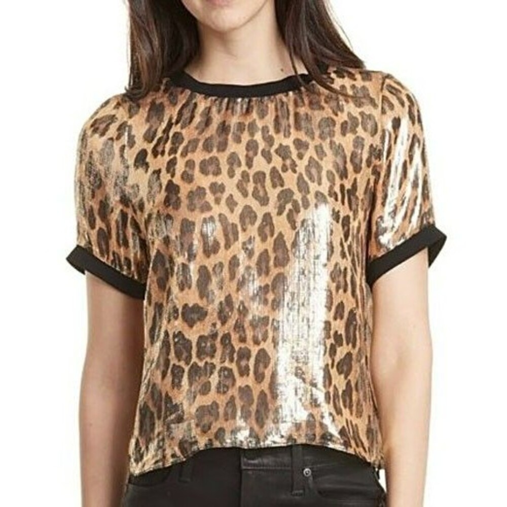 Alice & Olivia Piera Silk Blend Tee Metallic Spotted Leopard Print Top Sheer XS